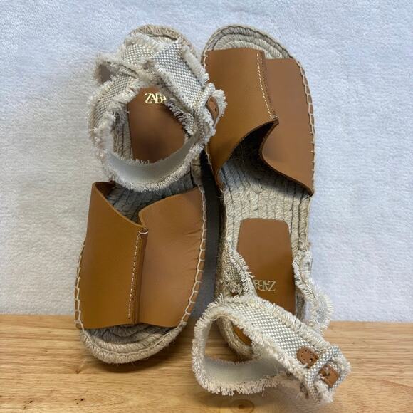 Zara Tan Leather Flatform Espadrille Ankle Buckle Platform Sandals Size EU 39 - Picture 2 of 13